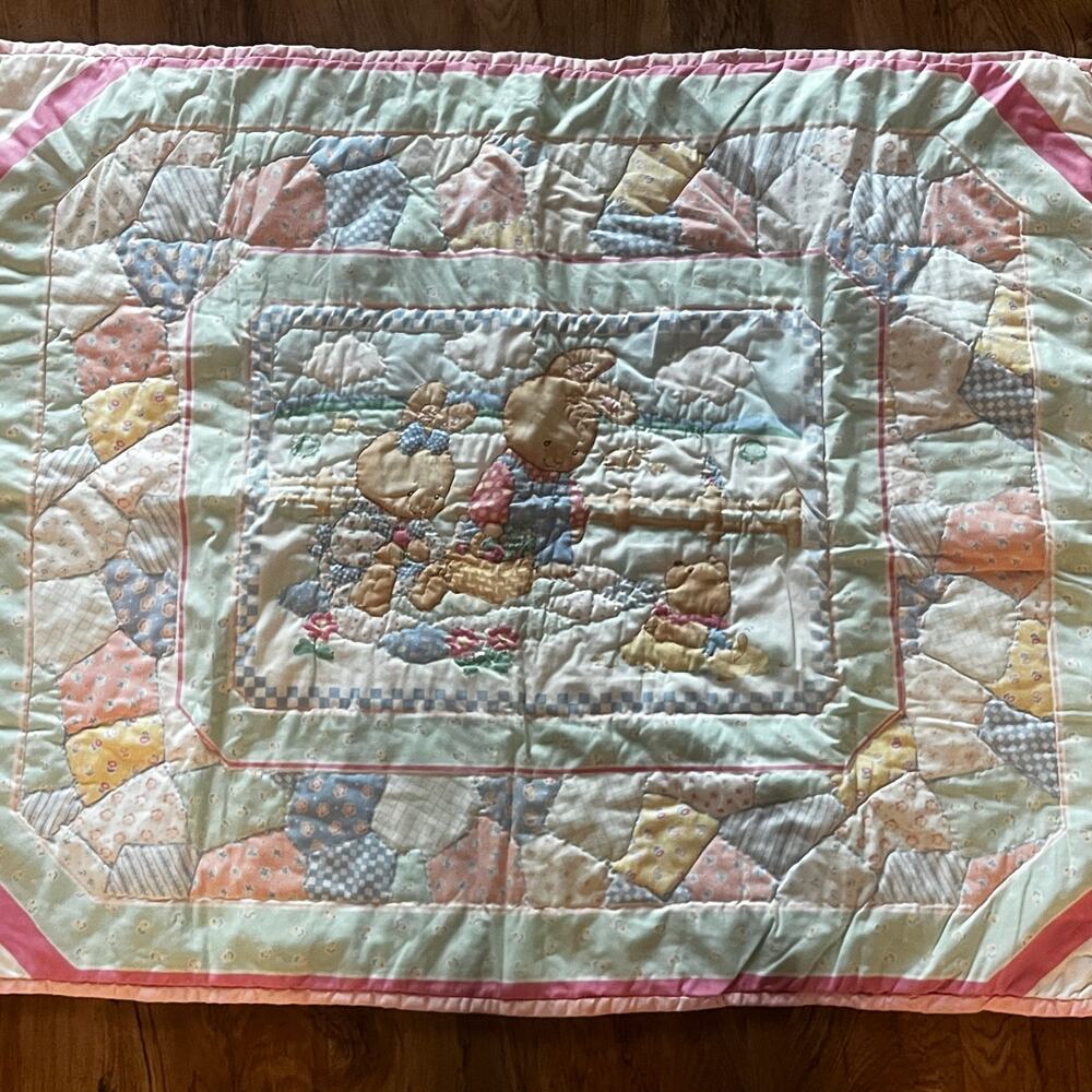 Vintage Quilted Embroidered Kitschy Baby Blanket 34 x 43 Pastels Bunny Cottage‎ - Picture 2 of 7